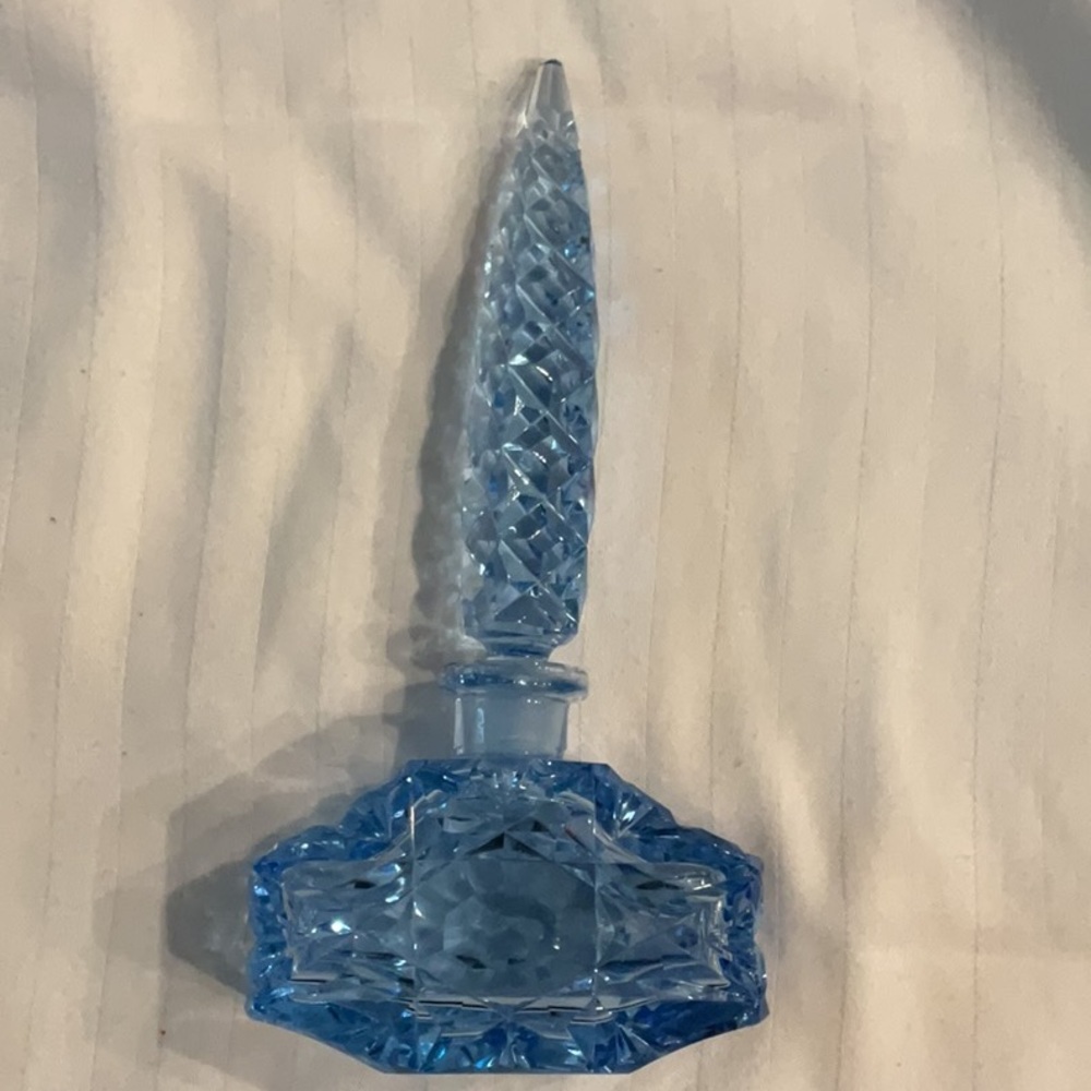 Fancy Blue Czech Perfume Bottle w/Long Pointed Stopper